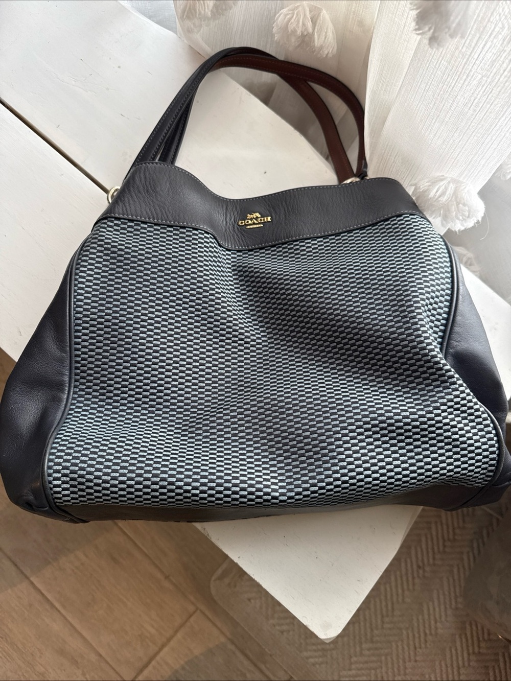 Coach blue Leather and jacquard Tote with Gold-Tone Rings